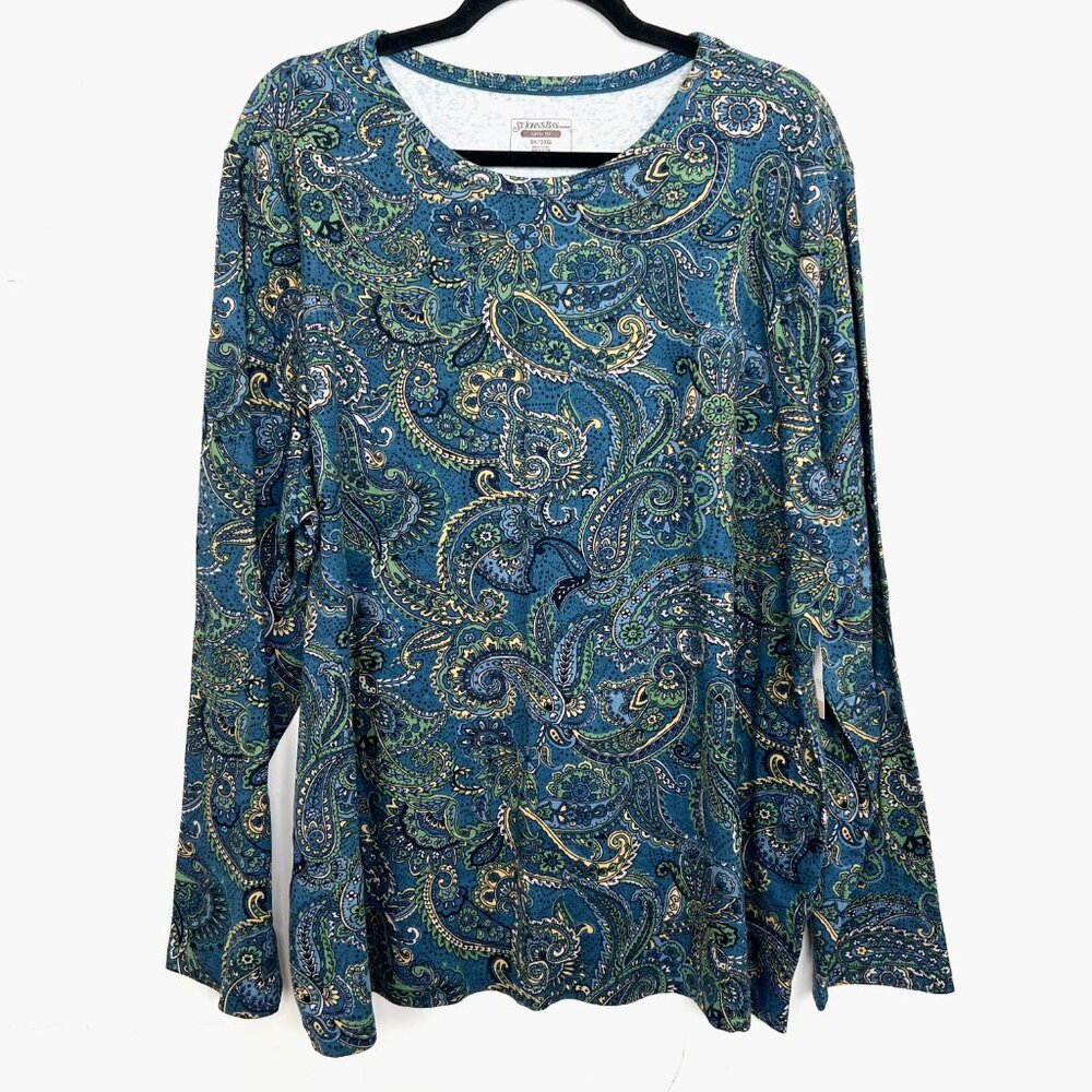 NWT St. John's Bay Blue Paisley Knit Top Long Sleeve Classic Tee 3X mc‎